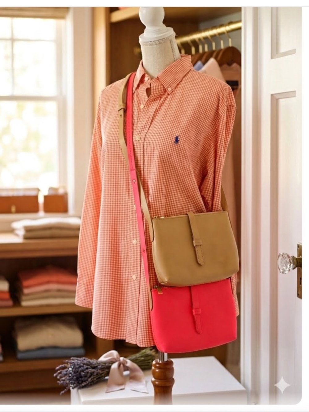 2 pc LOT J.Crew Parker Crossbody Bag Purse Tan, Neon Flame Smooth Leather Bundle